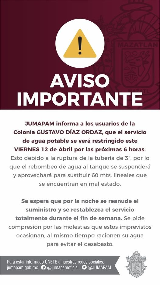 *ATENTO AVISO* *JUMAPAM* informa a los usuarios de la Colonia *GUSTAVO DÍAZ ORDA