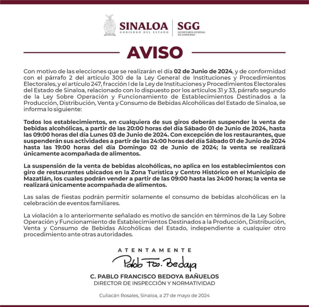 AVISO OFICIAL SOBRE LA LEY SECA EN SINALOA