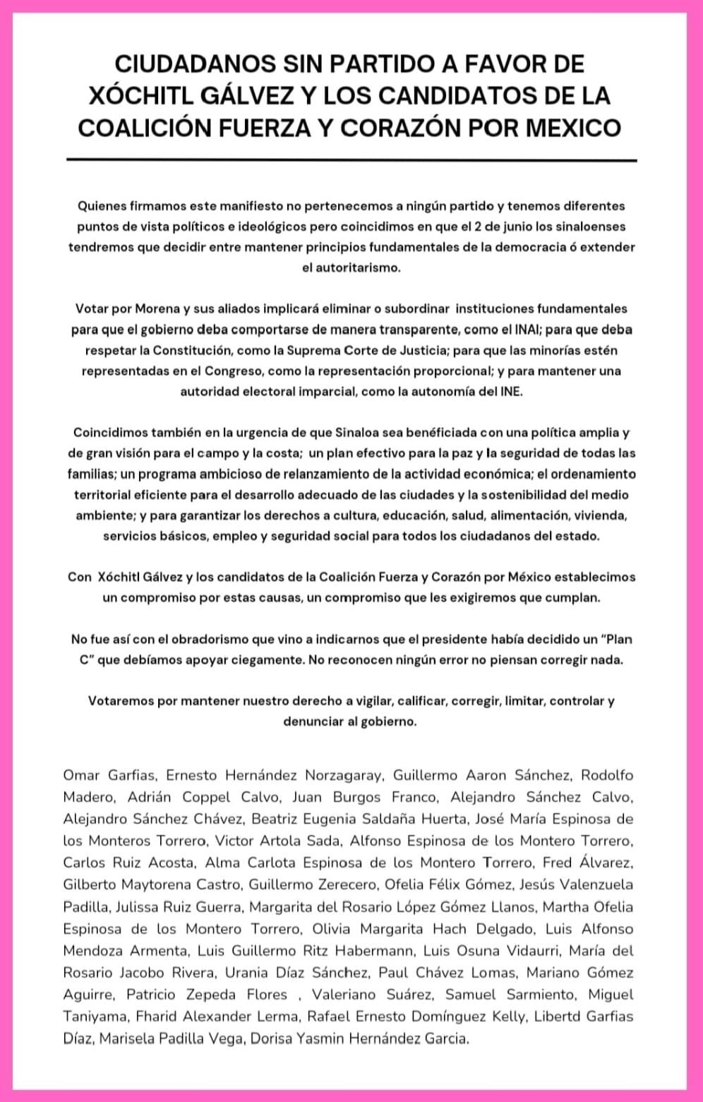 CIUDADANOS SINALOENSES SIN PARTIDO, MANIFIESTAN SU APOYO A XÓCHITL GÁLVEZ.