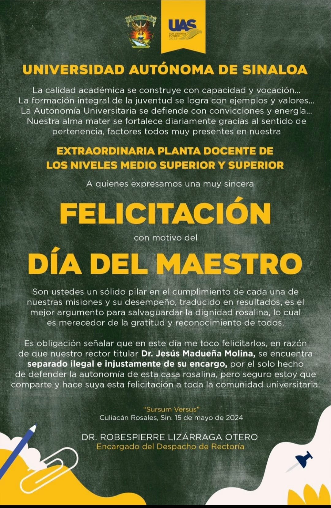 Felicita la Universidad Autónoma de Sinaloa a sus maestras y maestros hoy en su