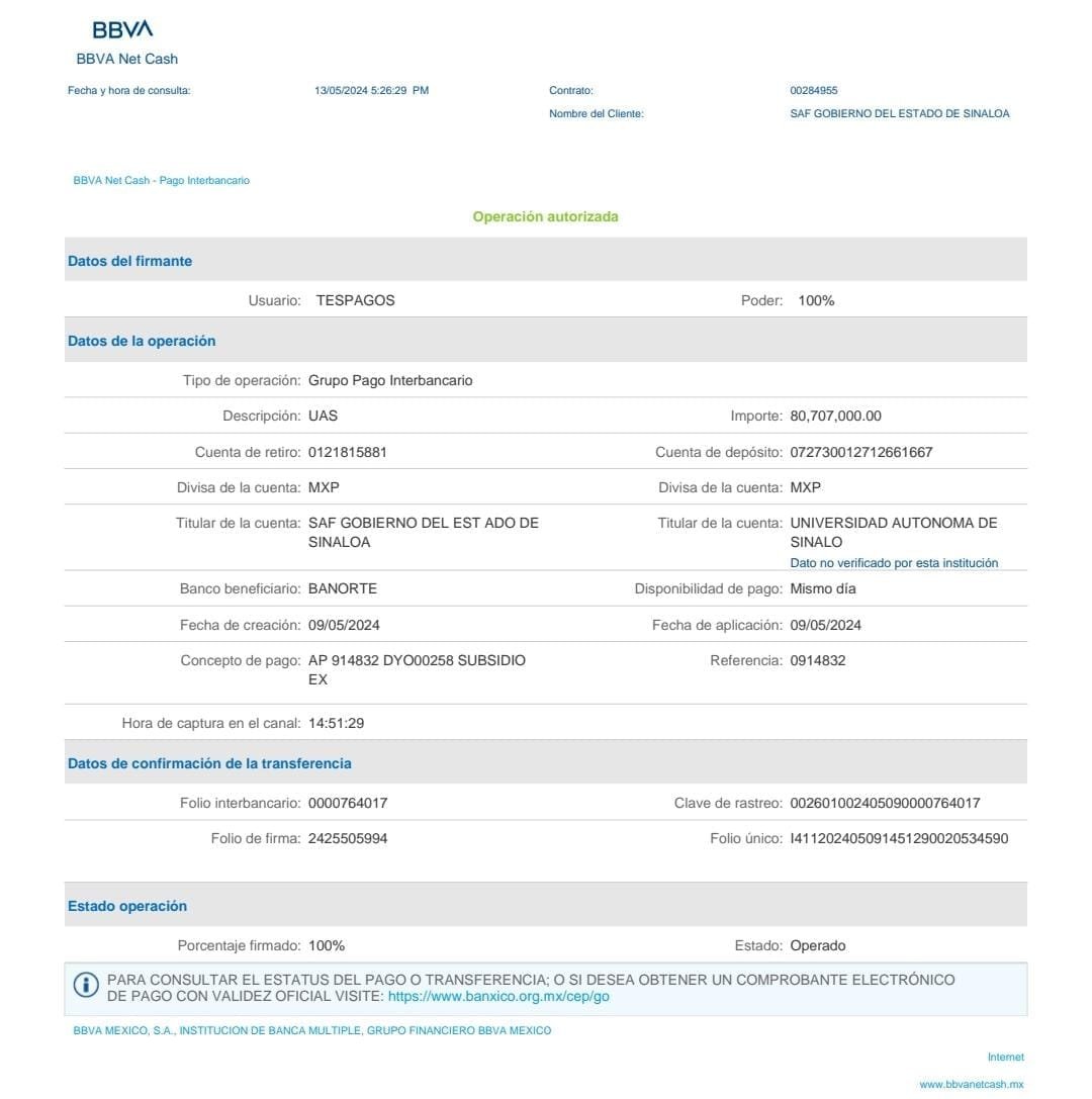 Gobierno de Rocha realiza nuevo depósito para que la UAS cubra sus adeudos ante