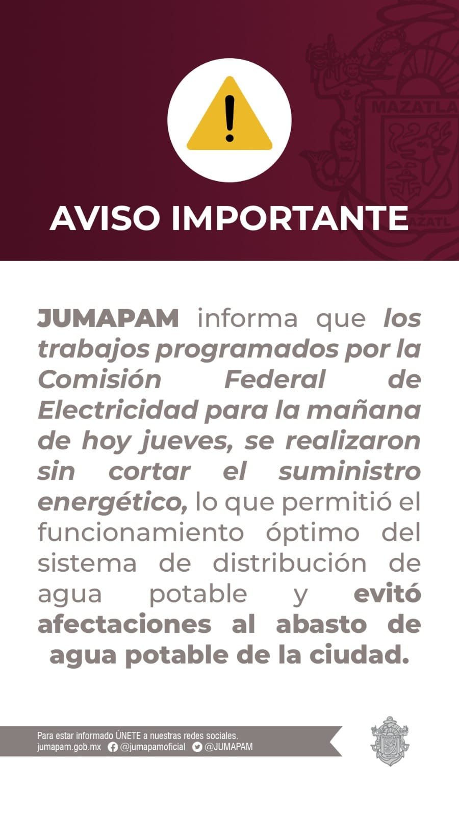 TRABAJOS DE CFE NO AFECTARON AL SUMINISTRO DE AGUA TRABAJOS DE CFE NO AFECTARON AL SUMINISTRO DE AGUA