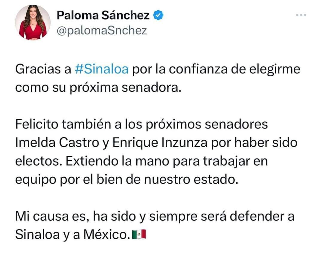 Defenderé a Sinaloa desde el Senado: Paloma Sánchez. Defenderé a Sinaloa desde el Senado: Paloma Sánchez.