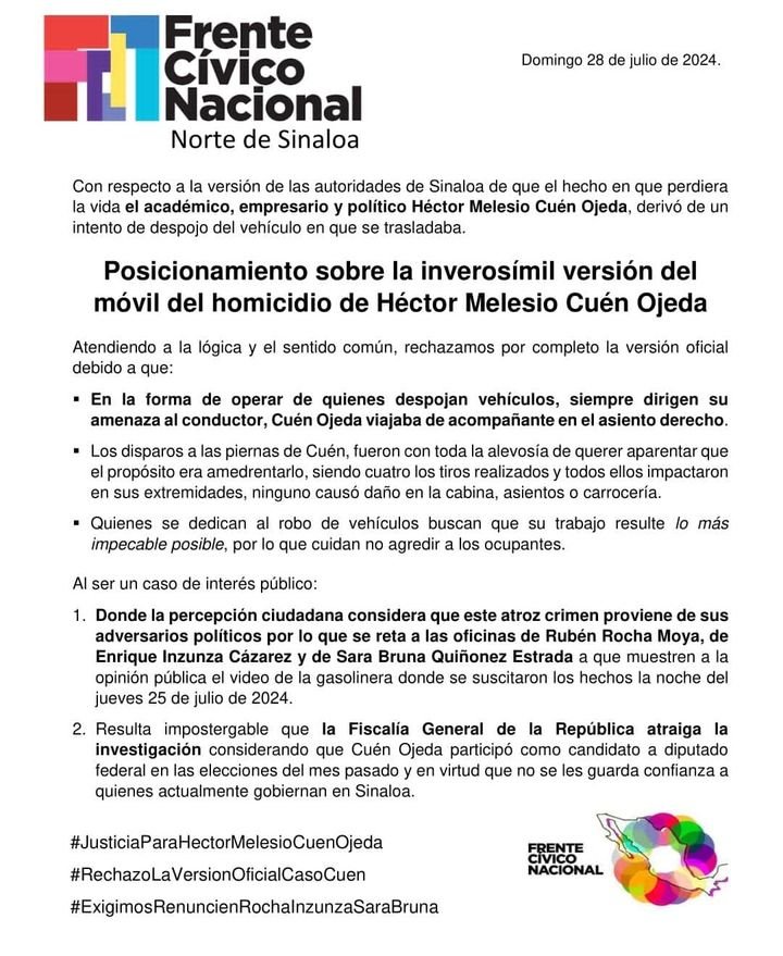 POSICIONAMIENTO DEL FRENTE CÍVICO NACIONAL SOBRE EL ASESINATO DE HÉCTOR MELESIO CUÉN OJEDA