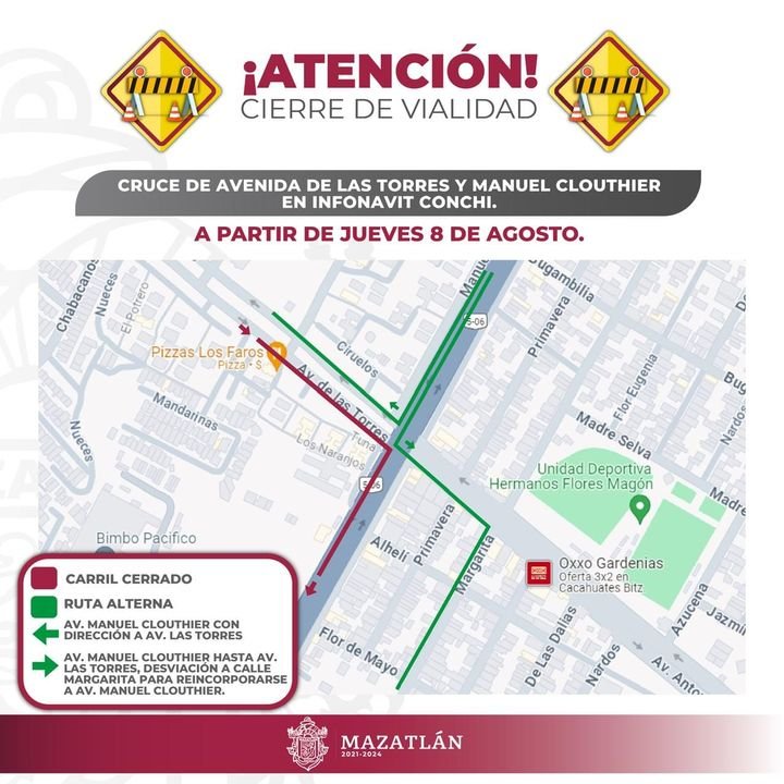 Cruce de Avenida de la Torres con Clouthier en el Infonavit Conchi será cerrado a la circulación por trabajos en colector.* Cruce de Avenida de la Torres con Clouthier en el Infonavit Conchi será cerrado a la circulación por trabajos en colector.*