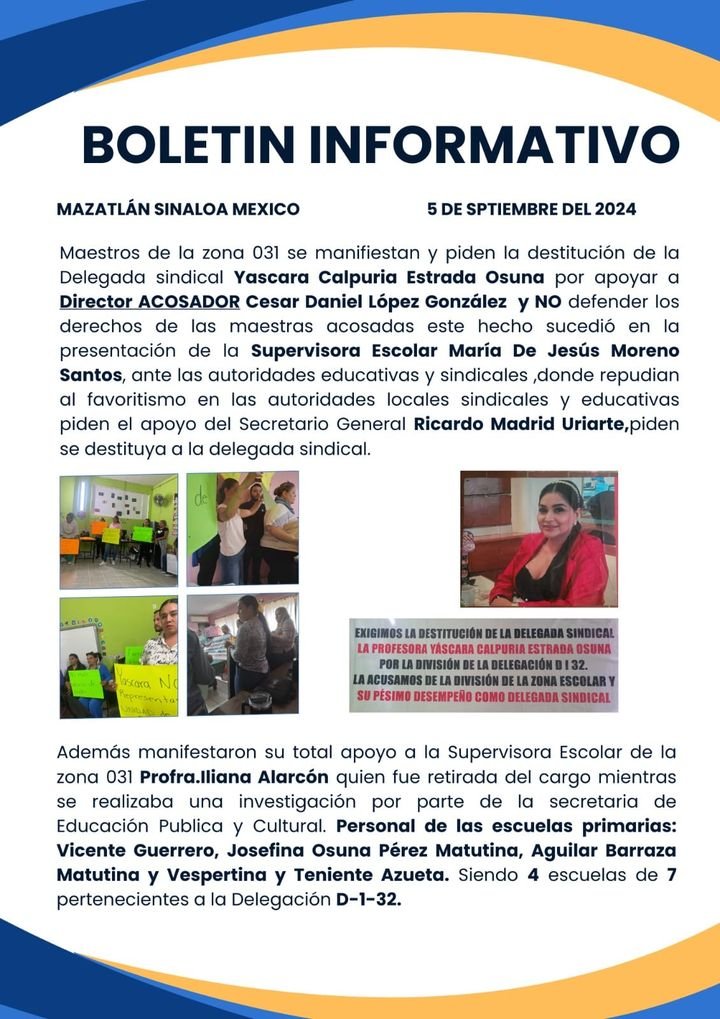 MAESTROS DE LA ZONA 031 PIDEN DESTITUCIÓN DE DELEGADA SINDICAL, POR PROTEGER A UN DIRECTOR ACUSADO DE PRESUNTO ACOSO LABORAL