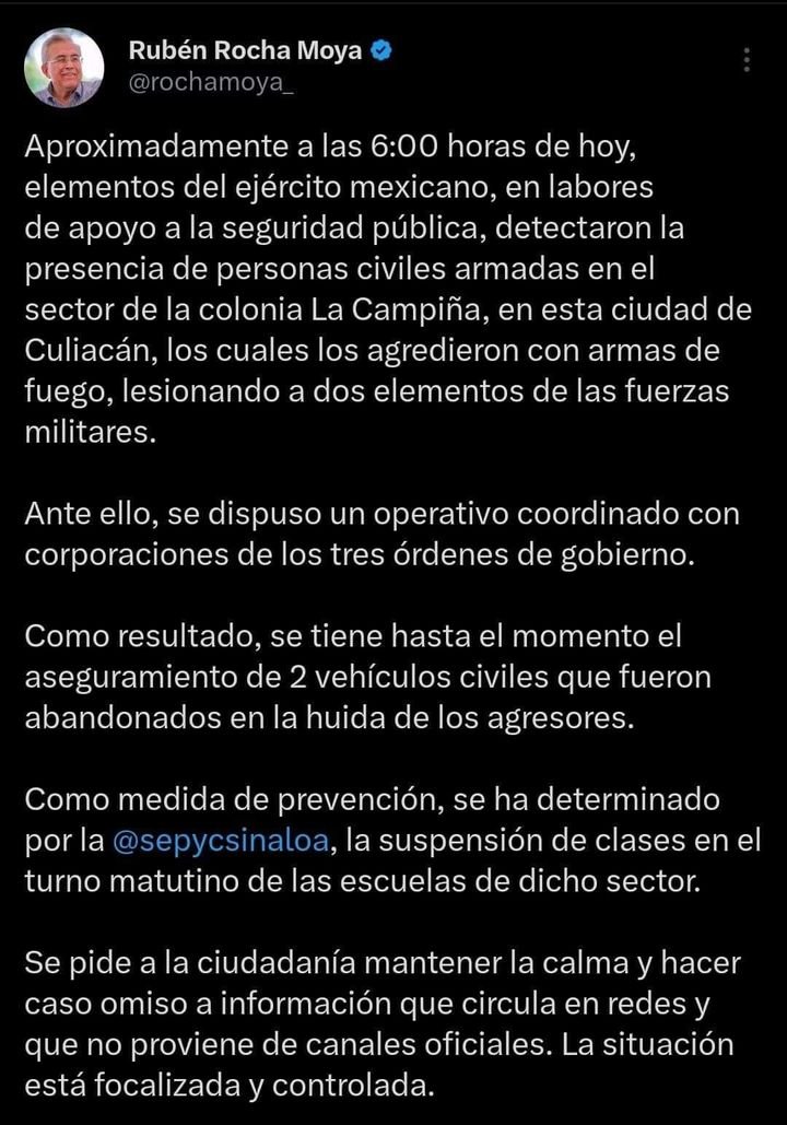 Comunicado de el Gobernador Rubén Rocha Moya