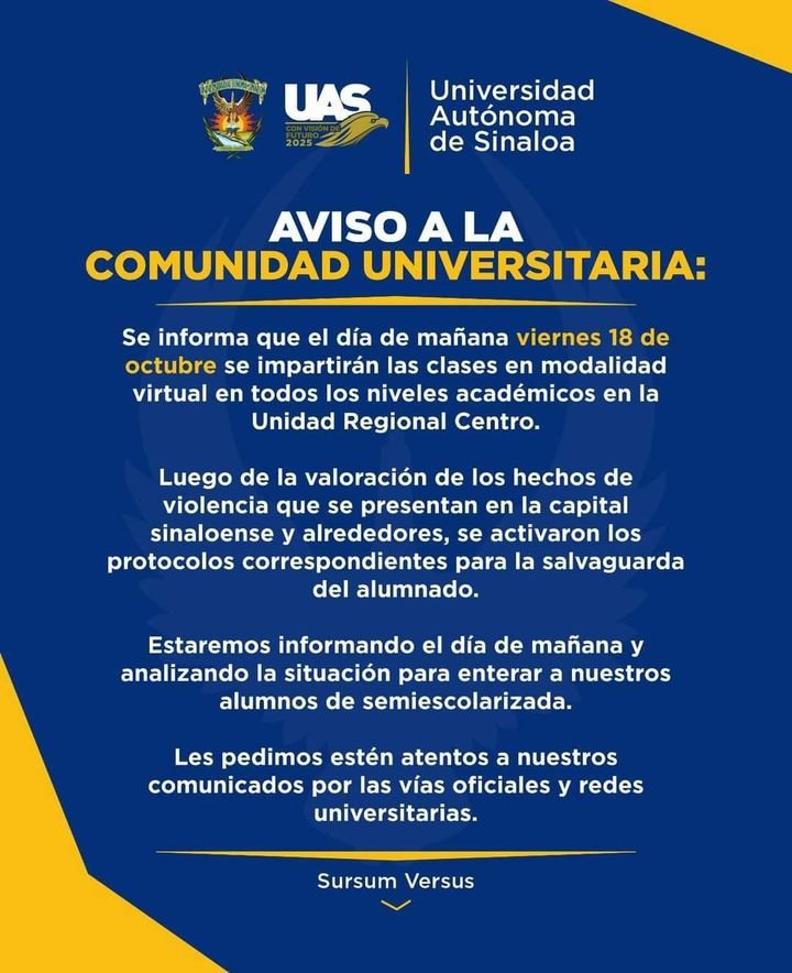 Anuncia la #UAS clases virtuales para todos los niveles educativos de la zona centro de #Sinaloa este viernes 18 de octubre Anuncia la #UAS clases virtuales para todos los niveles educativos de la zona centro de #Sinaloa este viernes 18 de octubre
