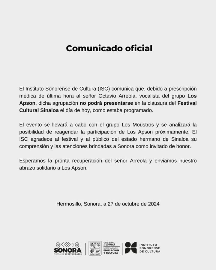 🚨Los #APSON cancelan su presentación este domingo en la clausura del Festival Cultural en #Culiacán; por prescripción médica