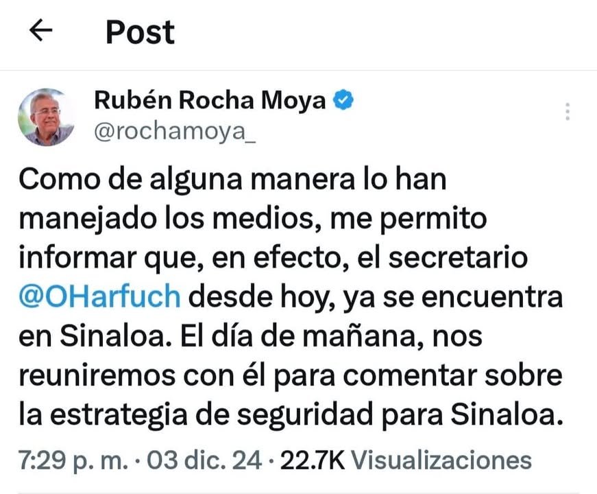 En cuanto el gobernador Ruben Rocha anunció en su cuenta de X que García Harfuch ya está en Sinaloa para definir mañana una estr…