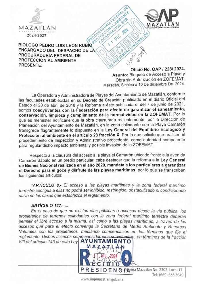 Operadora y Administradora de Playa notifica a Profepa sobre bloqueo de acceso a playa Camarón Operadora y Administradora de Playa notifica a Profepa sobre bloqueo de acceso a playa Camarón