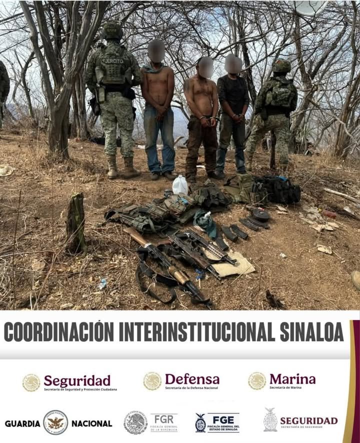 En Mazatlán, el Grupo Interinstitucional localiza un campamento y detiene a tres civiles; les asegura armas y municiones