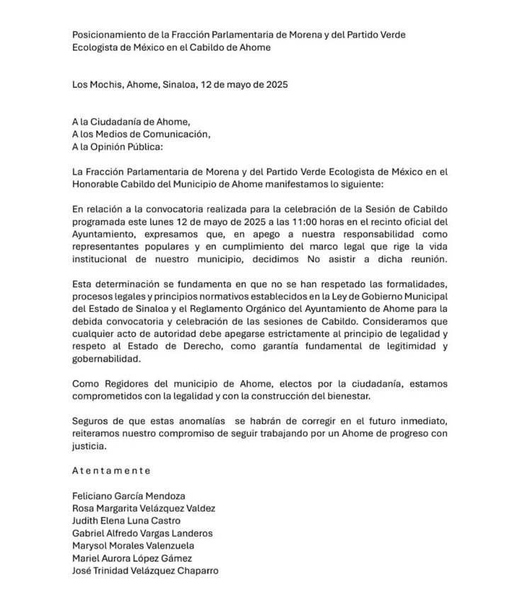 REGIDORES DE MORENA Y PARTIDO VERDE FUNDAMENTAN EL POR QUÉ NO ASISTIERON A LA SESIÓN DE CABILDO ESTE LUNES 12 DE MAYO
