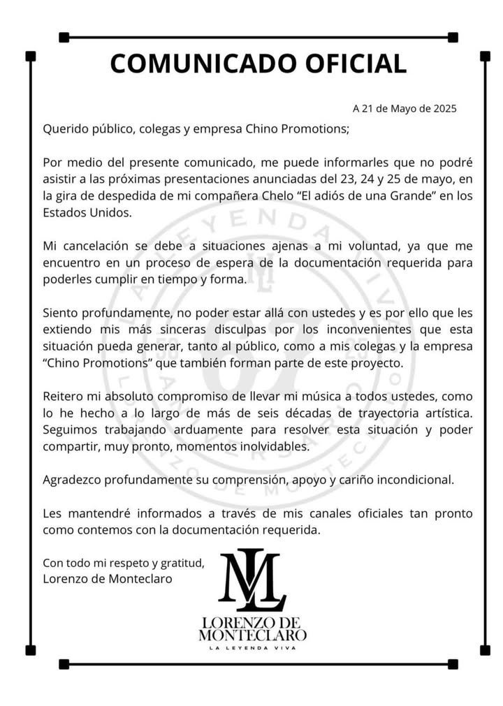 TAMBIÉN LORENZO DE MONTECLARO SUSPENDE GIRA POR E.U TAMBIÉN LORENZO DE MONTECLARO SUSPENDE GIRA POR E.U