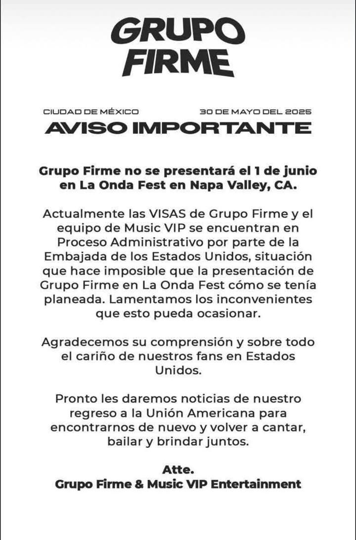 Eduin Caz y Grupo Firme anunciaron que, debido a problemas con sus visas, han tenido que cancelar su concierto en Napa Valley, C…