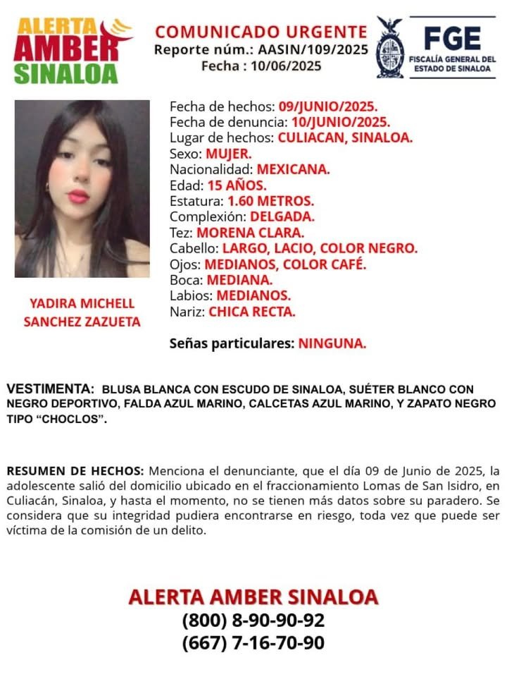 Activan #AlertaAmber por desaparición de Yadira Michell en #Culiacán Activan #AlertaAmber por desaparición de Yadira Michell en #Culiacán