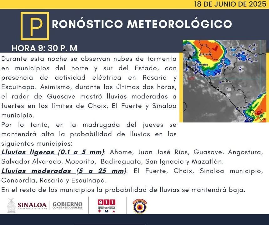 Pronóstico meteorológico: Durante esta noche y madrugada del jueves se mantendrá alta la probabilidad de lluvias en municipios d…