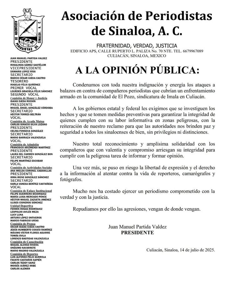 Que de investiguen los hechos del ataque a balazos contra periodistas en Culiacán: APS