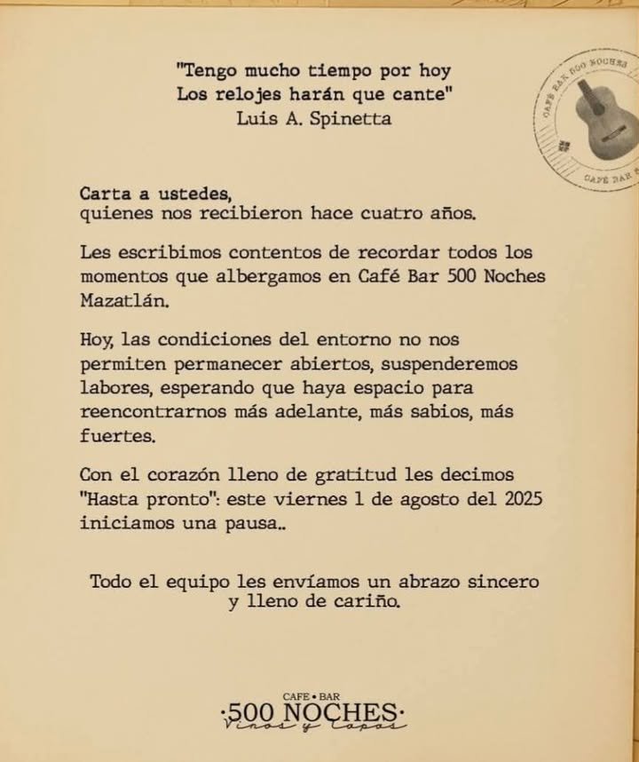 Cierra sus puertas el Restaurant 500 Noches en Mazatlán,  ante clima de inseguridad