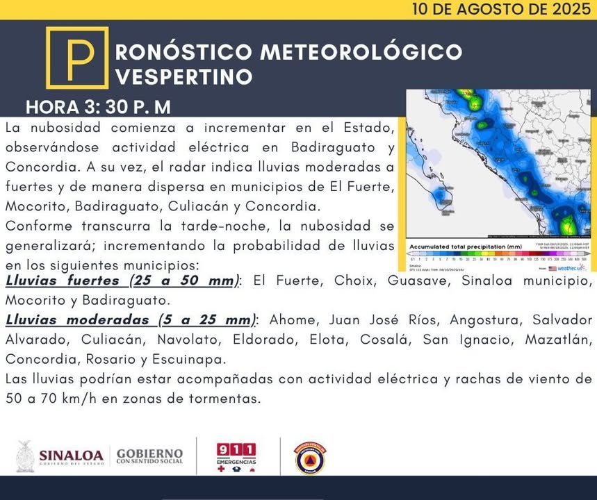 Pronóstico meteorológico vespertino: Conforme transcurra la tarde, se prevé que incremente la probabilidad de lluvias de manera … Pronóstico meteorológico vespertino: Conforme transcurra la tarde, se prevé que incremente la probabilidad de lluvias de manera …