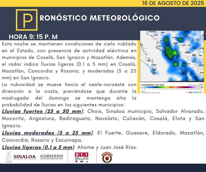 Pronóstico meteorológico: Durante esta noche y madrugada del domingo se mantendrá alta la probabilidad de lluvias en el Estado, …