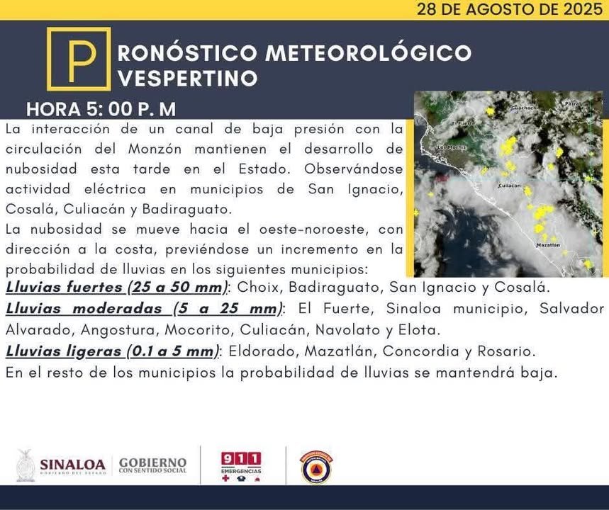 Probabilidad de lluvias sigue activa durante la tarde-noche de este jueves para Mazatlán* Probabilidad de lluvias sigue activa durante la tarde-noche de este jueves para Mazatlán*