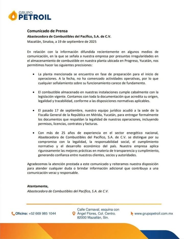 SE DESLINDA GRUPO PETROIL DE SEÑALAMIENTOS SOBRE PRESUNTA ILEGALIDAD DE COMBUSTIBLE ASEGURADO EN PROGRESO, YUCATÁN