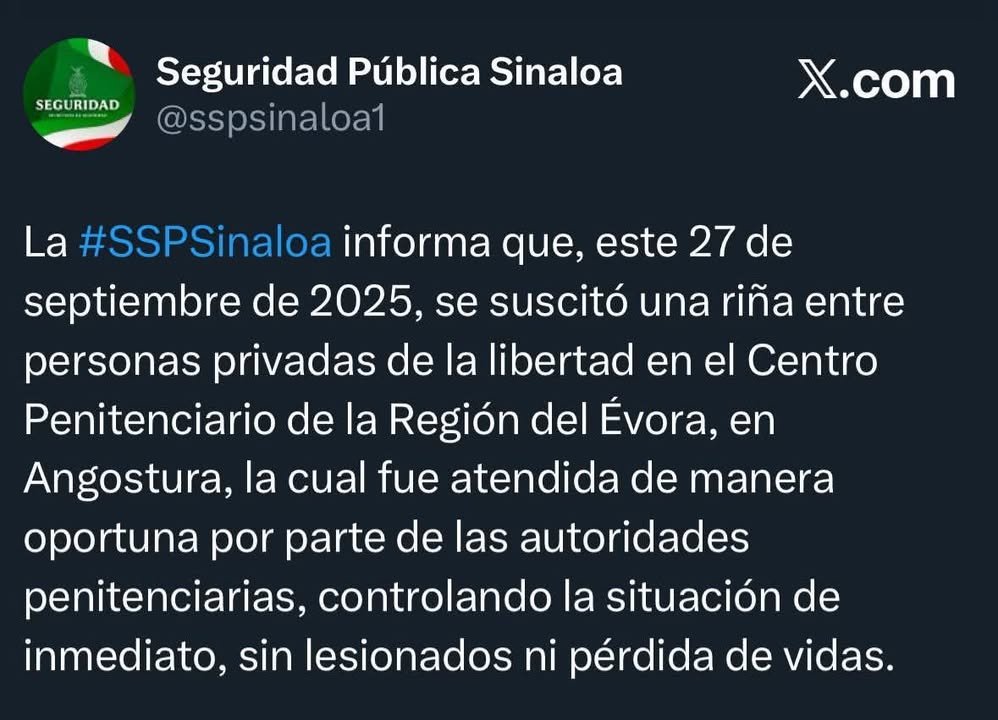 🚨Se genera riña en el penal de #Angostura, pero sin lesionados o pérdida de vidas, informa la #SSP