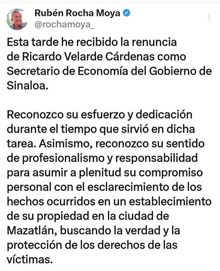 CONFIRMA EL GOBERNADOR RUBÉN ROCHA RENUNCIA DE RICARDO, PITY, VELARDE A LA SECRETARÍA DE ECONOMÍA