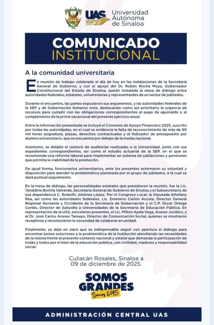 QUEDA INSTALADA MESA DE DIÁLOGO ENTRE AUTORIDADES FEDERALES, ESTATALES Y DE LA UAS PARA APOYO FINANCIERO URGENTE