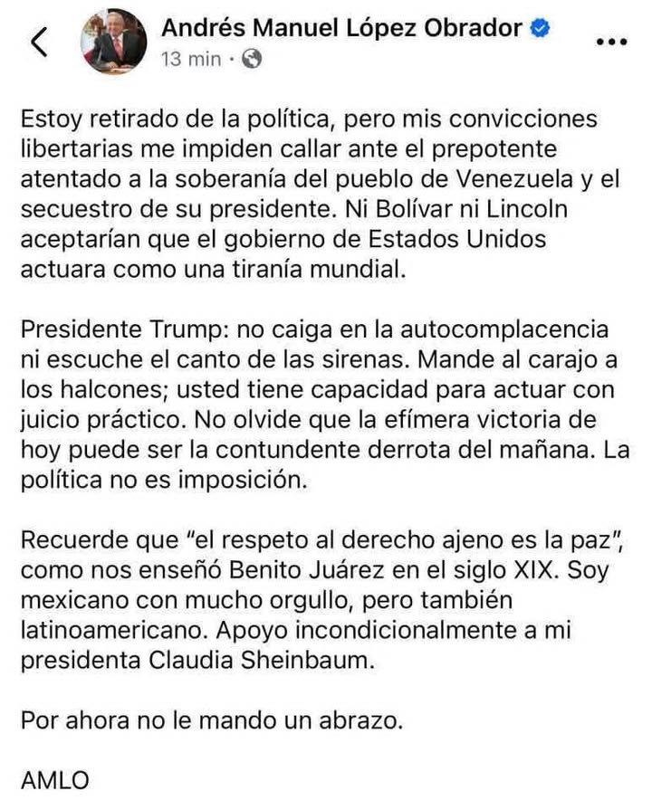 🚨AMLO se pronuncia ante la detención de Nicolás Maduro 🚨