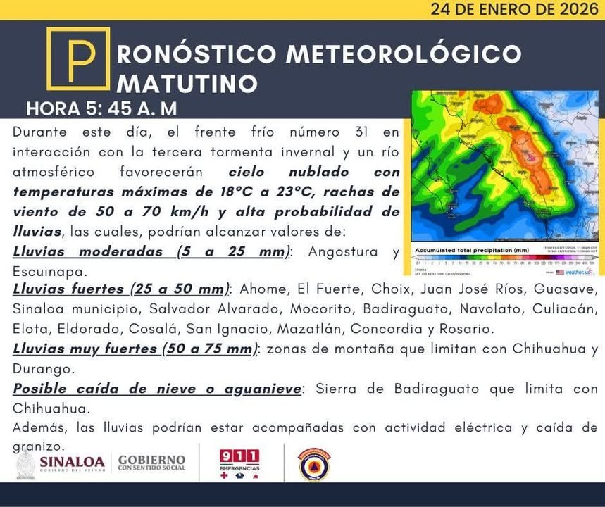Pronóstico meteorológico de hoy sábado 24 de enero: Durante este día se prevé cielo nublado con alta probabilidad de lluvias, po… Pronóstico meteorológico de hoy sábado 24 de enero: Durante este día se prevé cielo nublado con alta probabilidad de lluvias, po…