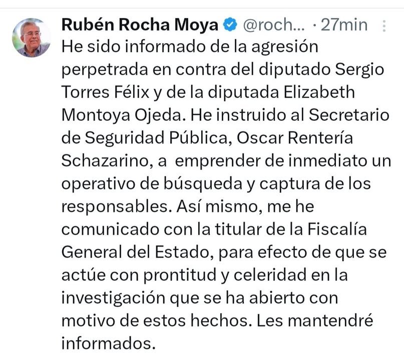 CONFIRMA EL GOBERNADOR RUBÉN ROCHA ATENTADO A BALAZOS CONTRA DIPUTADOS DE MC