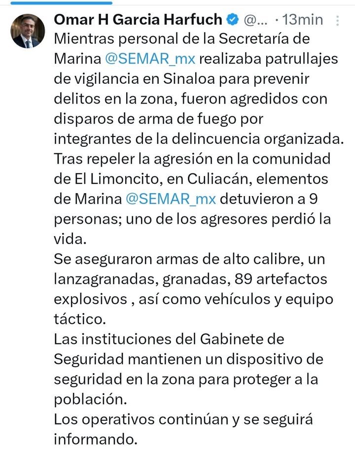 Ocho detenidos y un agresor muerto, en la Comunidad de El Limoncito en Culiacán, en enfrentamiento con La Marina, reporta Omar G… Ocho detenidos y un agresor muerto, en la Comunidad de El Limoncito en Culiacán, en enfrentamiento con La Marina, reporta Omar G…