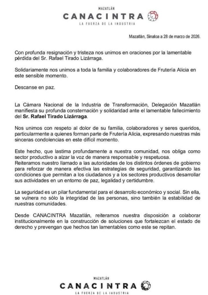 Asesinato de empresario en Mazatlán desata condena de Canacintra y exige acciones urgentes