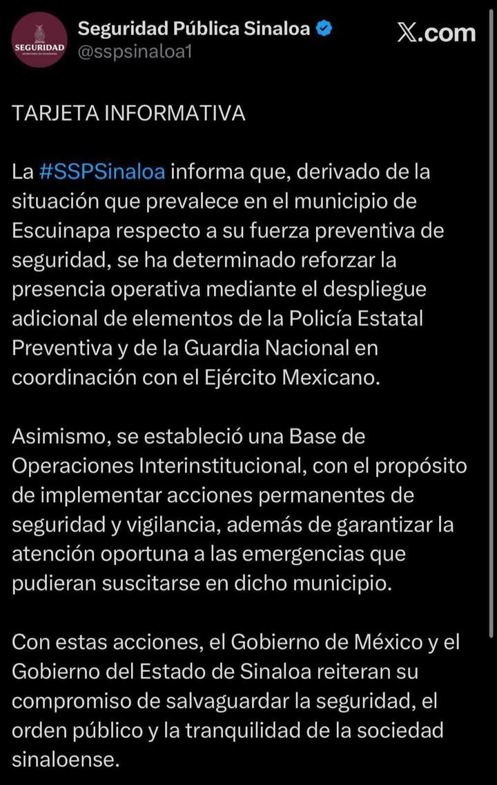 La #SSPSinaloa informa que, derivado de la situación que prevalece en el municipio de Escuinapa respecto a su fuerza preventiva …
