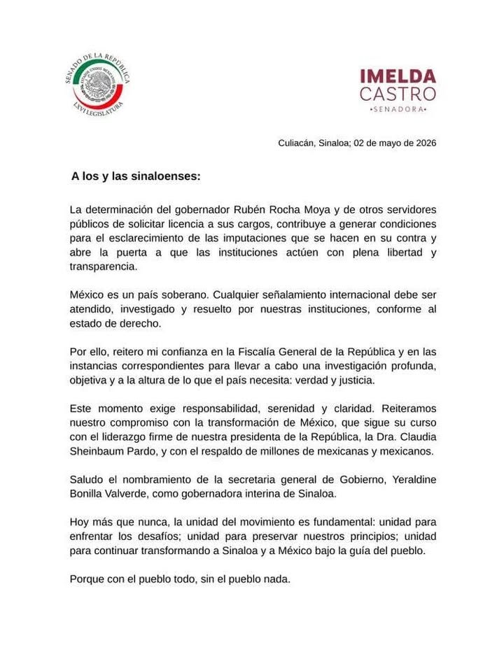 La Senadora Imelda Castro opina que la solicitud de licencia de Rubén Rocha facilita que la investigación se haga con "libertad …